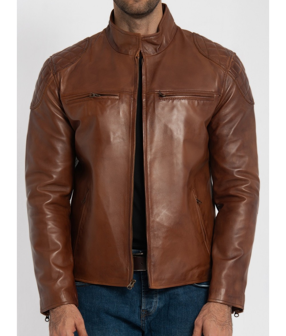 Morris Cognac Brown Leather Cafe Racer Jacket